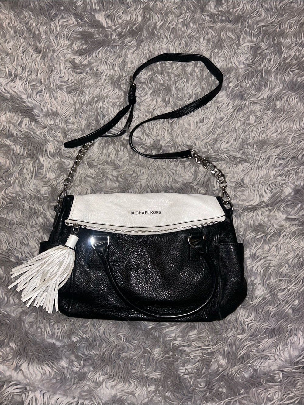 Michael Kors Black & White Leather Shoulder Bag with Tassel